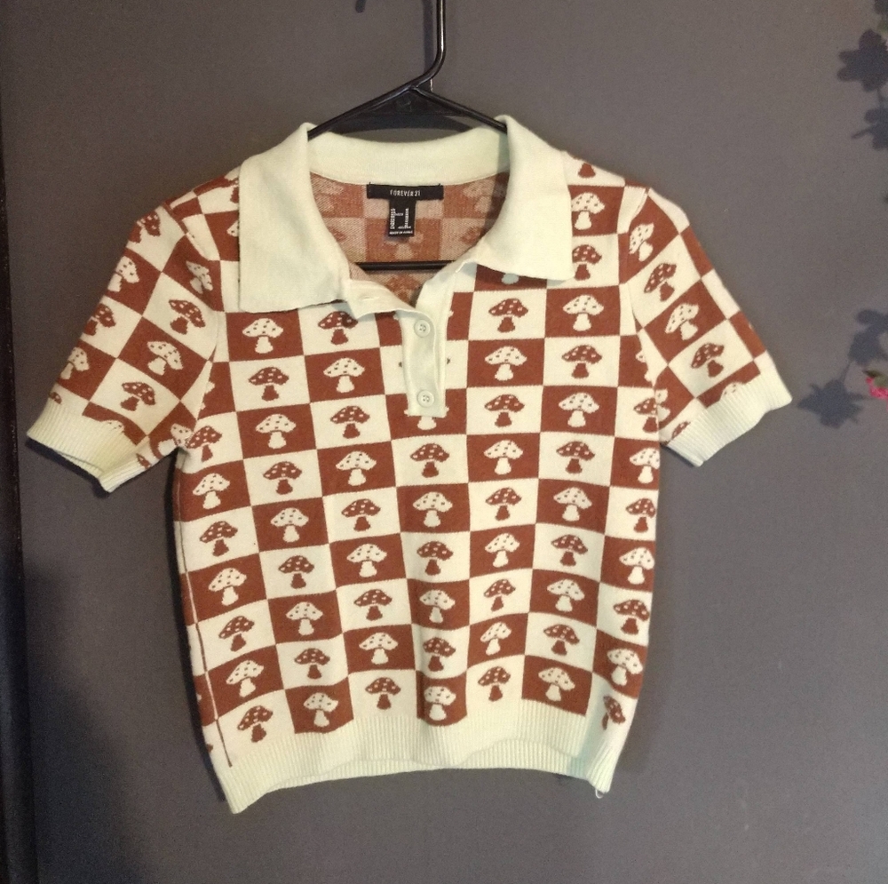 Forever 21 Brown/Green Mushroom Collared Buttoned Top